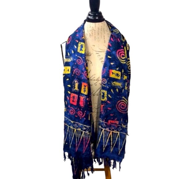 Curious Designs Blue w/ Yellow/Orange/ Hot Pink Tribal Print Sarong Wrap - Picture 3 of 5